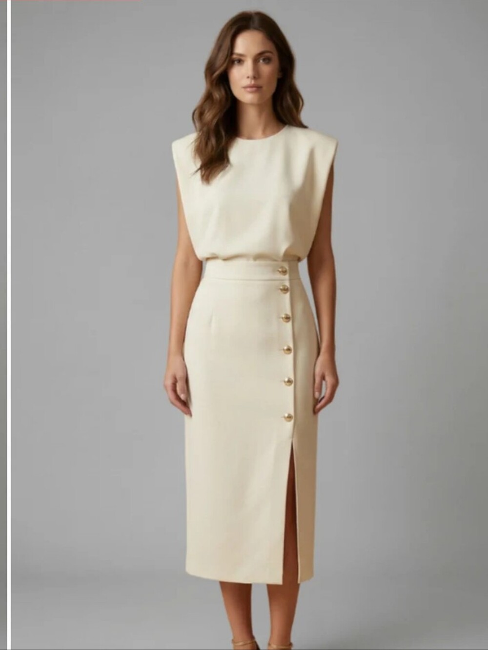 NEW Small Beige Women’s Midi Dress with Round Neck and Button Slit